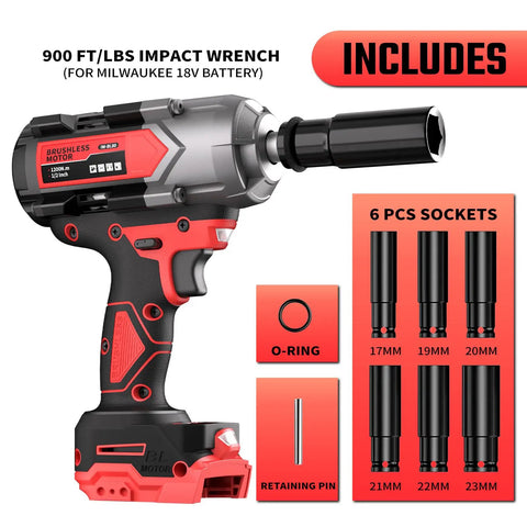 Built Tough Half Inch Cordless Impact Wrench Delivers Serious Grunt For Auto Work Compatible With Milwaukee 18V Batteries features six sockets and detail parts.