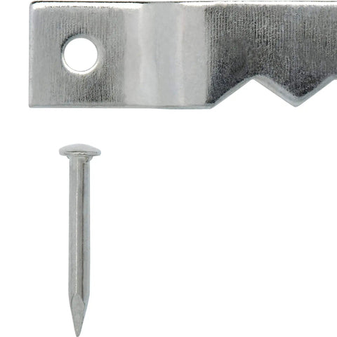 Close-up of a steel saw tooth picture hanger with a 16 gauge pin, part of the Small Saw Tooth Picture Hangers Pack Of 6.