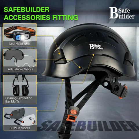 Heavy Duty Abs Safety Helmet With Built In Visor And Quick Air Vent Osha Certified showcasing adjustable visors and hearing protection.
