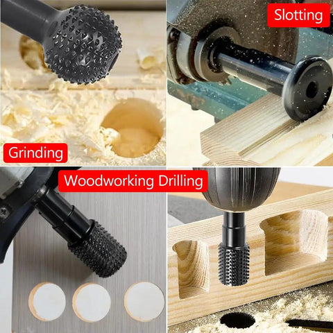 3 Pc DIY Wood Carving And Deburring Burr Set With Case For Angle Grinders 4 1/2 And 5 Inch 5/8-11 Thread Sphere Hole And Slotting Bits Carbon Steel Up To 12500 RPM For Wood Grinding Reaming Grooving used for grinding, slotting, woodworking drilling.
