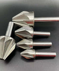 Set of five carbide chamfer end mills with 60-degree tips, varying diameters, silver finish
