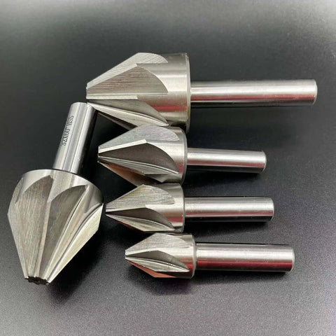 Set of five carbide chamfer end mills with 60-degree tips, varying diameters, silver finish