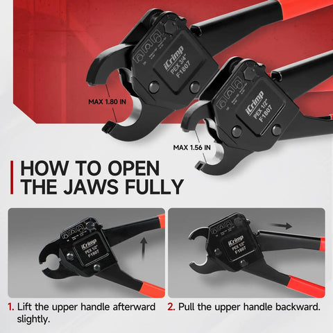 Two PEX Copper Ring Crimp Tools For One Half To Three Quarters Inch PEX Lines With Cutter Tight Space Friendly ASTM F1807 Compliant Heavy Duty Tool Steel Includes Go No Go Gauge in action showcasing jaw operation.