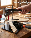 Hand Operated Picture Frame Stapler Kit For Easy Framing No Power Needed Frame Joiner Jig Tools With V-Shaped Nails, Adjustable Corner Clamp, Seamless Assembly, Pro Grade, Durable And Budget Friendly. Blue hand-operated frame joiner with rubber handle on wood frame