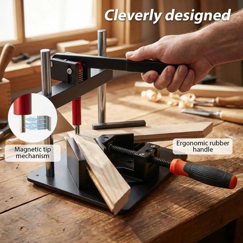 Hand Operated Picture Frame Stapler Kit For Easy Framing No Power Needed Frame Joiner Jig Tools With V-Shaped Nails, Adjustable Corner Clamp, Seamless Assembly, Pro Grade, Durable And Budget Friendly. Blue hand-operated frame joiner with rubber handle on wood frame