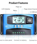 MPPT Solar Charge Controller 100A 12V/24V Auto Regulator With Dual USB Ports And Large LCD Display For Lead Acid Batteries