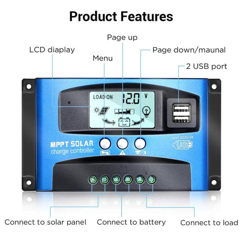 MPPT Solar Charge Controller 100A 12V/24V Auto Regulator With Dual USB Ports And Large LCD Display For Lead Acid Batteries