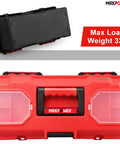 Front view of Lightweight 14 Inch Plastic Tool Box With Comfortable Handle And Removable Tray, Dual Lock Latches, Red Finish.