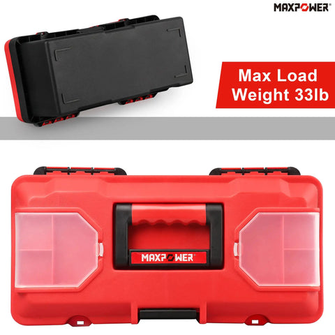 Front view of Lightweight 14 Inch Plastic Tool Box With Comfortable Handle And Removable Tray, Dual Lock Latches, Red Finish.