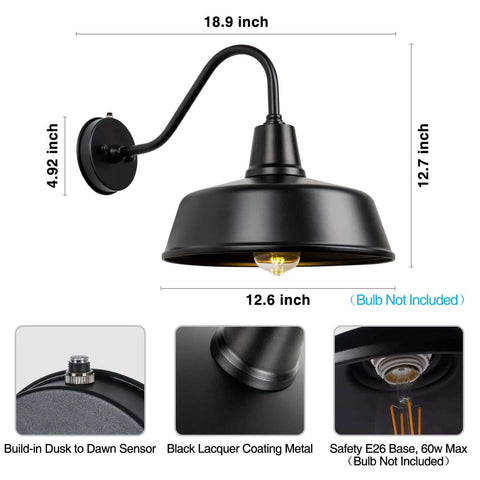 Gooseneck Barn Outdoor Light Exterior Wall Sconce For Farmhouse Front Door Porch Garage And Patio, Dusk To Dawn Sensor, 12.6 Inch