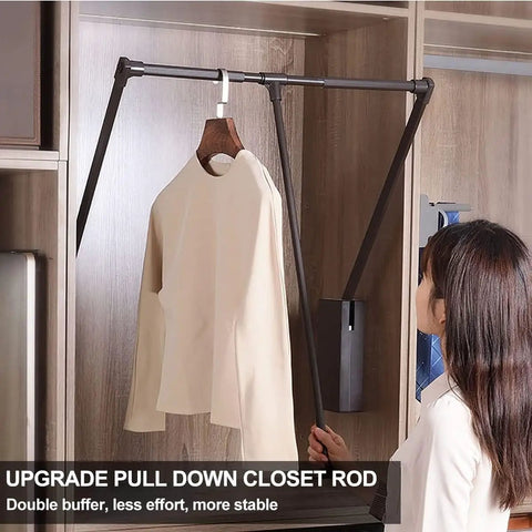 Retractable Pull Down Closet Rod For Hanging Clothes With Smooth Two Way Hydraulic Damping Adjustable Wardrobe Hanger shown in use