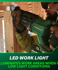Worker using Cordless Reciprocating Saw With 36V MultiVolt, 4-Stage Speed Selector, Metal Rafter Hook in low light