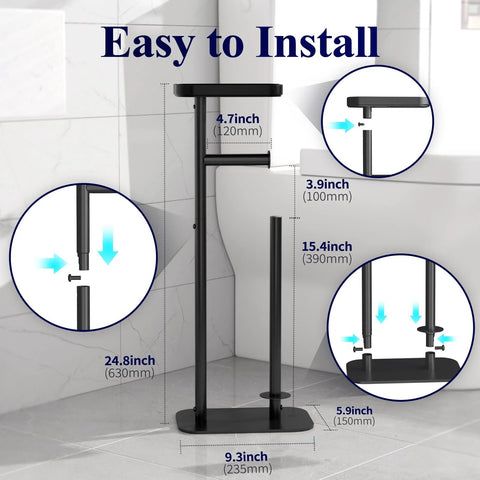 Dimensions and installation of Free Standing Toilet Paper Holder Stand With Rustproof Metal Construction For Four Rolls.
