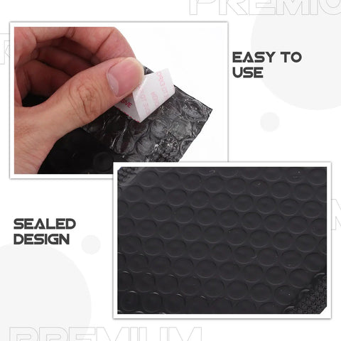 Close-up of Black Bubble Mailers 12 By 18 Inch Plus 4 Inch Padded Self Seal Shipping Bags showing adhesive strip in use