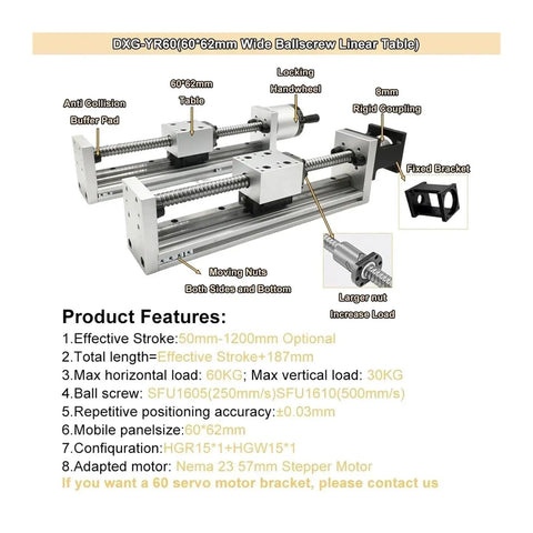 Badass Top Shelf X Y Z Axis Linear Stage Slide Featuring Precision SFU1605 Ball Screw Drive And NEMA 23 Servo Motor Options, 60x62mm table.