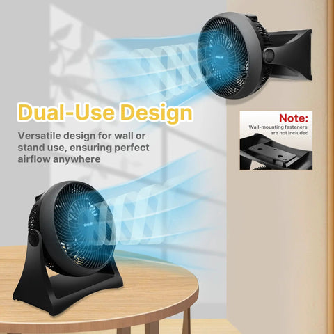Compact Wall Mounted Desk Fan With TurboForce Airflow For High Velocity Cooling Three Speeds Quiet Operation And Fully Adjustable Tilt Perfect For Home And Office shown in dual-use design on table and wall mount.