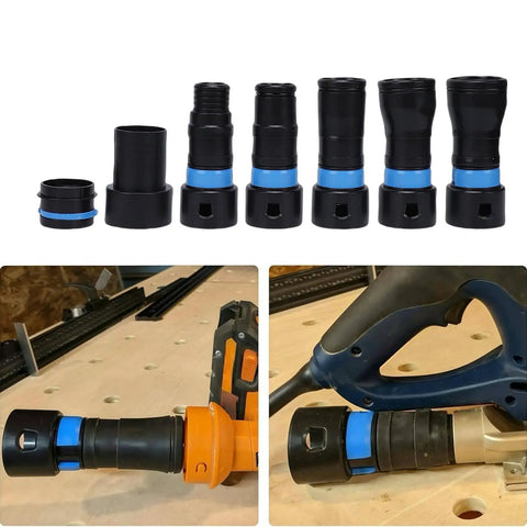 7 Pc Vacuum Hose Expansion Adapters With Quick Connectors For Home Workshop Dust Collection System Power Tool Sander And Handheld Equip set displayed.
