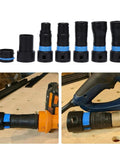 Premium 7 Piece Vacuum Hose System With Quick Connect Fittings detailing black and blue adapters for woodworking tools and shop vacs.