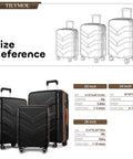 Expandable hardside luggage set with spinner wheels, showing size reference for 20, 24, and 28 inch black suitcases.