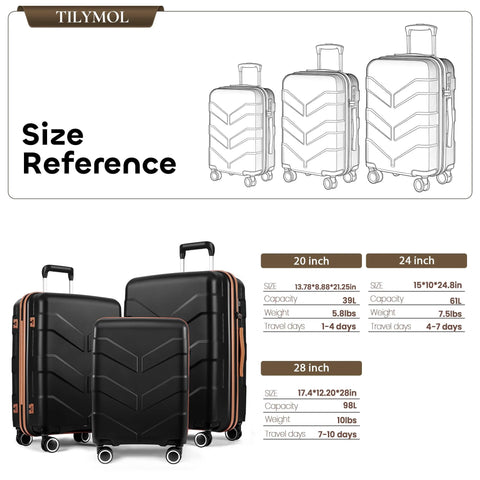 Expandable hardside luggage set with spinner wheels, showing size reference for 20, 24, and 28 inch black suitcases.