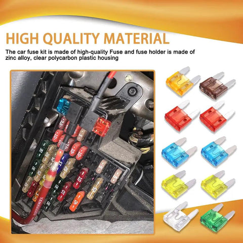 Heavy Duty Car Fuse Assortment Kit With 5A Through 30A Auto Blade Fuses For Rv And Truck Electrical Boxes showing installation in a vehicle.