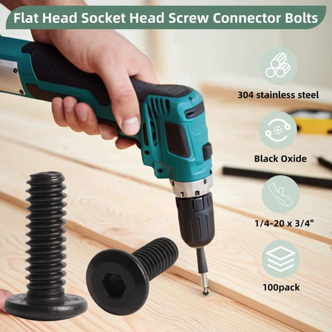 Beefy Flat Head Hex Socket Cap Screws 1/4-20 x 3/4 Inch Full Thread Bolts Black Oxide Stainless 304 18-8 furniture fasteners for DIY projects