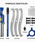 50 Ton Hydraulic Gear Puller Set components including pump, handle, claw hooks, pull tabs, screws, and rings for auto shops