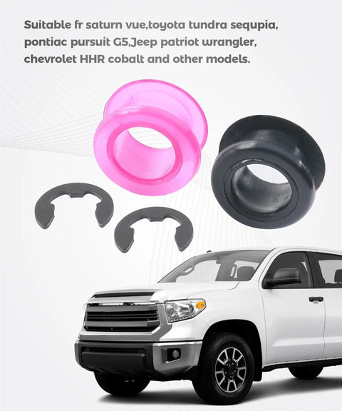 2PCS Shifter Bushing Kit For Transmission Shift Linkage Replacement, pink and black bushings with clips shown above truck