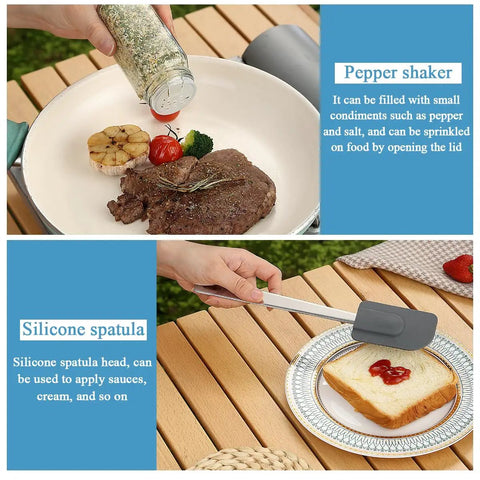 Using pepper shaker from All In One Outdoor Camp Kitchen Gear, 15 Piece Camping Cookware And Utensil Set on meat in pan