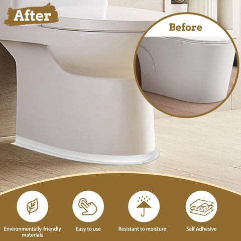 Waterproof Self Adhesive Caulk Tape 3 Roll Set 1.5 Inch By 10.5 Foot Sealant Strip For Shower Tub Kitchen Countertop Sink And Floor Edge Protector White PVC With Upgraded Acrylic Adhesive applied to toilet base.