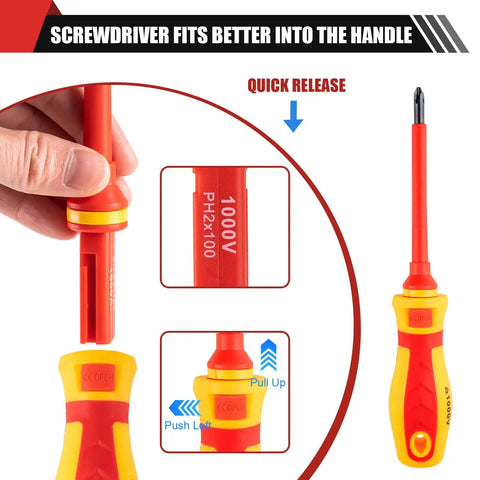 Pro Grade 13 Piece Screwdriver Set With 1000V Insulation And Built In Voltage Test Probe close-up of quick release handle and bit fitting.