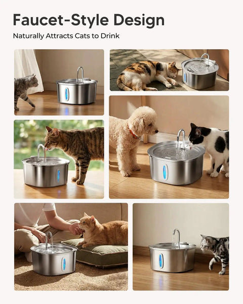 Collage of animals using the Stainless Steel Cat Water Fountain With Quiet Pump Three Point Two Liter 108Oz For Cats Dishwasher Safe 304 Stainless Steel Rust Resistant BPA Free Purrfect Hydration Dispenser.