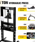 Front view of Beefy 6 Ton Hydraulic Press H-Frame Shop Press with Adjustable Height Work Table and 2 Press Plates.