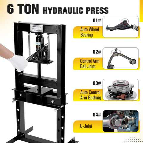 Front view of Beefy 6 Ton Hydraulic Press H-Frame Shop Press with Adjustable Height Work Table and 2 Press Plates.