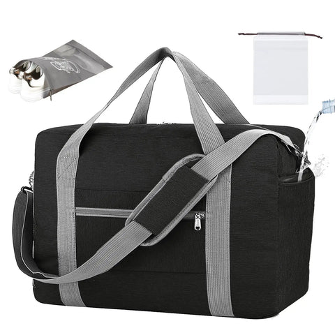 Underseat Personal Item Duffel Bag 18x14x8 Foldable Carry On For Air Travel 25L With Wet Pocket Waterproof Black Polyester
