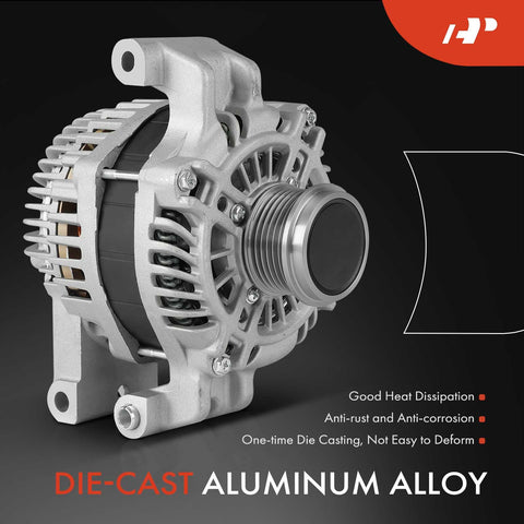 Beefed Up 160 Amp 12V Alternator Replacement For Jeep Cherokee 2014 To 2019 Compass Renegade Fiat 500X Chrysler 200 Ram ProMaster City And More Two Four Liter Four Cylinder With 6 Groove Pulley Easy Install Replaces 56029624AA AB, die-cast aluminum front view