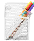 Front view of Magnetic Pencil Holder Mesh Stainless Steel Pen Basket With Three Strong Magnets, holding colorful pens.