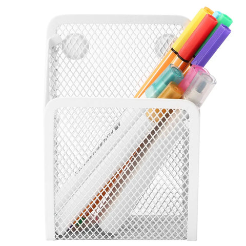Front view of Magnetic Pencil Holder Mesh Stainless Steel Pen Basket With Three Strong Magnets, holding colorful pens.
