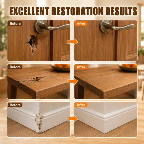 Before and after restoration images showing Tough As Nails Epoxy Wood Putty And Hardener Blend Two Part Formula repairs.