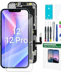 IPhone And 12 Pro Screen Replacement Kit With 6.1 Inch LCD Display, 3D Touch, Full Assembly Digitizer, HD Replacement Screen, Easy Install, Durable Glass, Not For 12 Pro Max Or 12 Mini shown with tools and instructions.