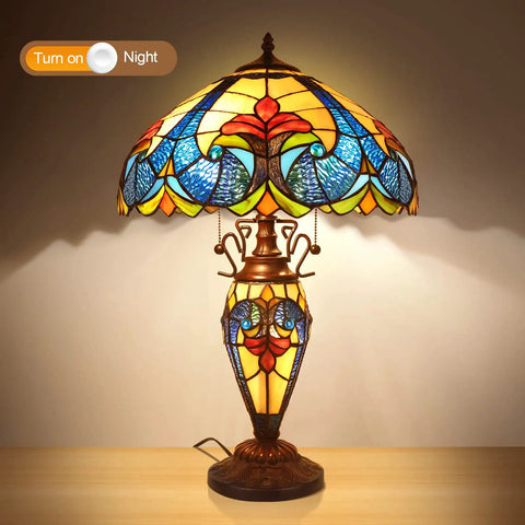 Retro Tiffany Style Table Lamp With Stained Glass, 24 Inches Tall, showing vintage vibe night light with orange glow