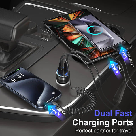 Kickass 65 Watt Type C Car Charger With Pd And Quick Charge Tech Dual Usb A And C Ports for use with smartphones and tablets