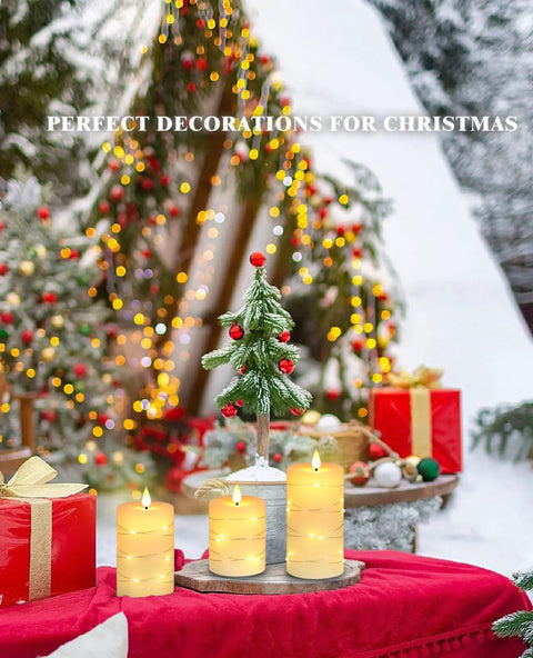 Ivory Real Wax Flameless Taper Candles Set Of 3 With Copper String Lights on Christmas table with decorated tree background
