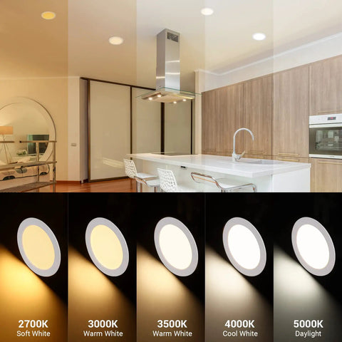 Color temperature display of 12 Pack 6 Inch LED Recessed Lights With Junction Box Easy Install 5CCT Dimmable Ultra Thin Canless LEDs