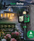 Oversized LCD Sprinkler Timer for Outdoor Hose Faucet with Brass Inlet, rain delay feature visible, attached to hose in rain.