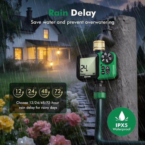 Oversized LCD Sprinkler Timer for Outdoor Hose Faucet with Brass Inlet, rain delay feature visible, attached to hose in rain.