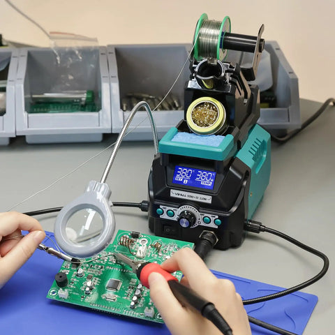 Pro Grade 110W Digital Soldering Station Kit With LCD Display And Sleep Mode, Four Memory Channels, Digital Calibration, Helping Hands, Magnifier, Solder Wire, And Three Replacement Tips