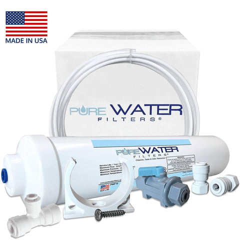 Front view of inline water filter kit for ice maker with 1/4-inch quick-connect fittings, tubing, and T-connector.