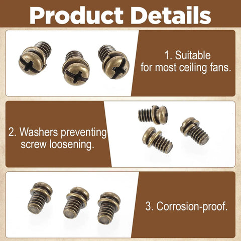 Rock Solid 30 Piece Full Replacement Ceiling Fan Blade Screws With 1/4-20 Threading And Premium Bronze Pan Heads display showing corrosion-proof screws.