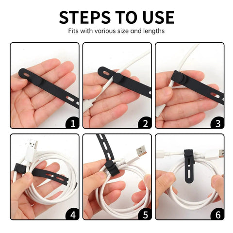Instructional steps for using 25 Pack Reusable Silicone Cable Ties Ultra Flexible Cord Wraps For Electrical Cords Phone Chargers Earphones